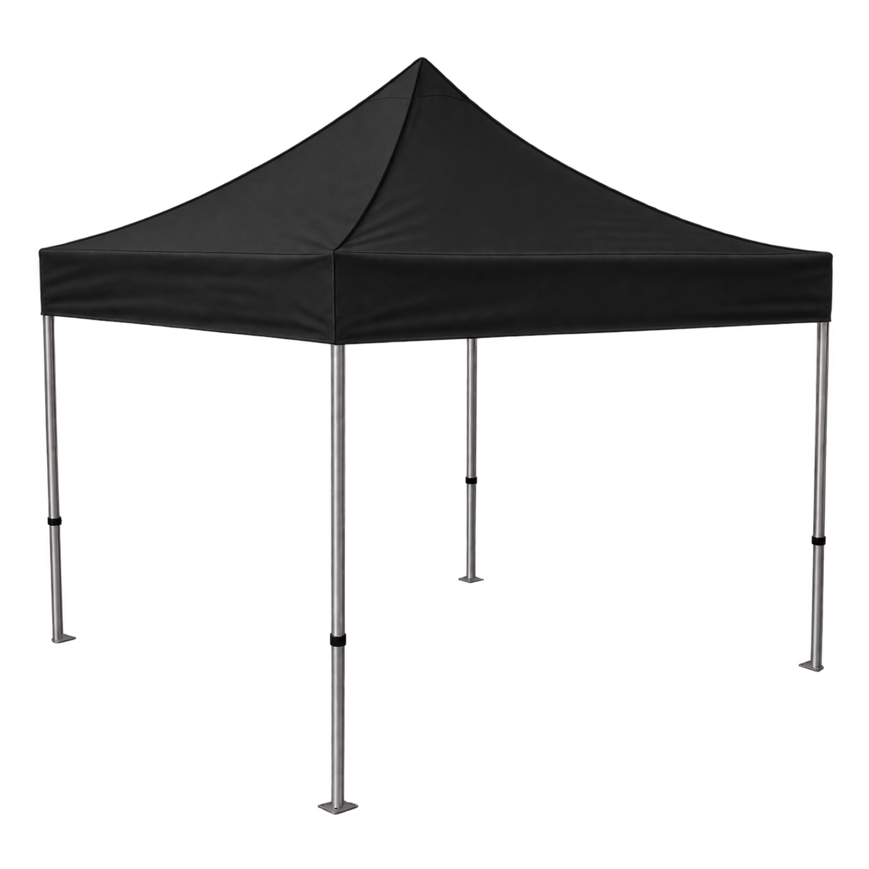 Black 10 by 10 pop-up tent with a hex aluminum scissor frame